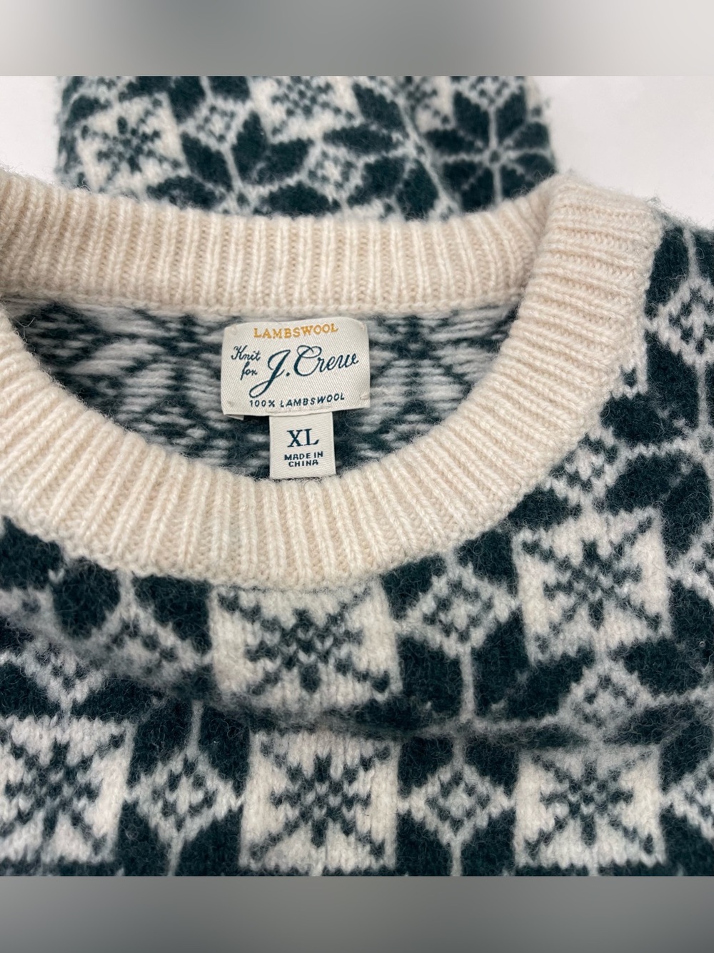 J. CREW Lambswool Fair Isle Crewneck Sweater Dark Green & Cream Men’s Size XL - Picture 3 of 4